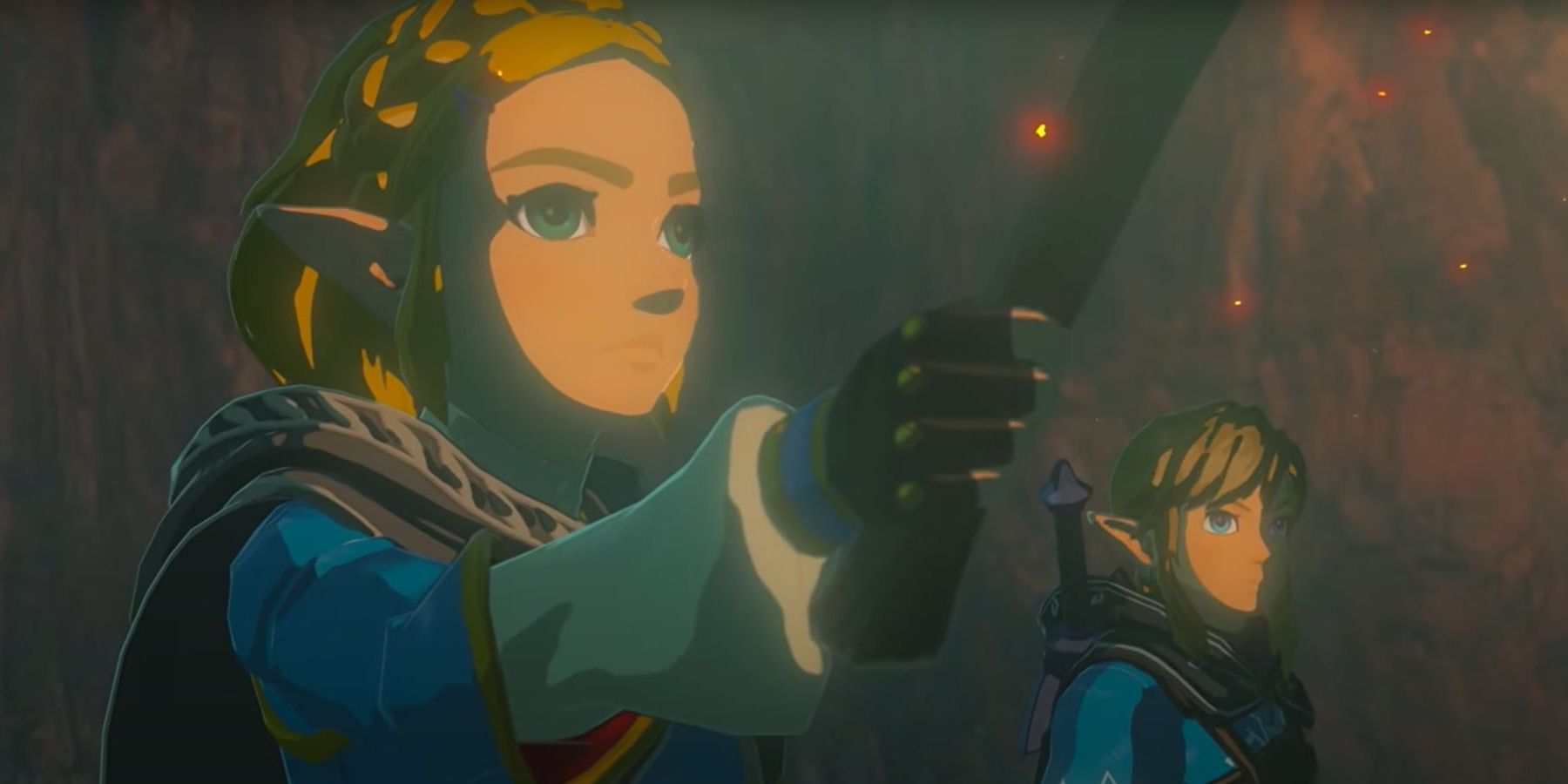 Zelda and Link in a cave in Breath of the Wild.