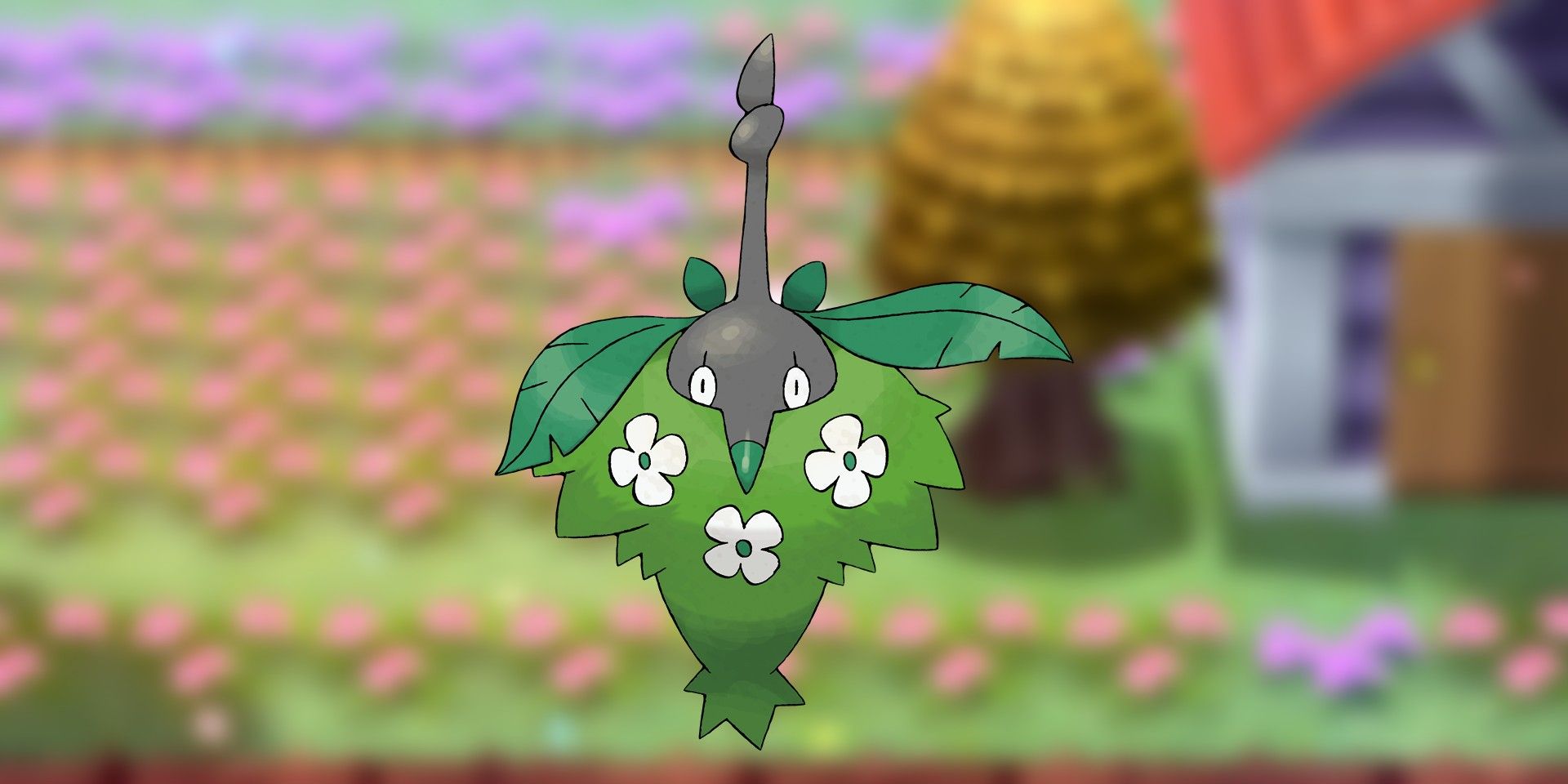 A Plant-Cloak Wormadam against a Floarama Town background in Pokémon BDSP