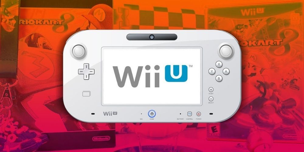 A Wii U gamepad sits in front of logos for famous Wii U games