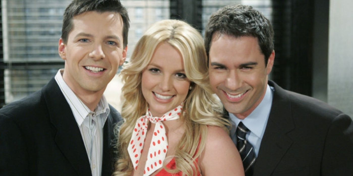 Britney Spears posing with the cast of Will &amp; Grace