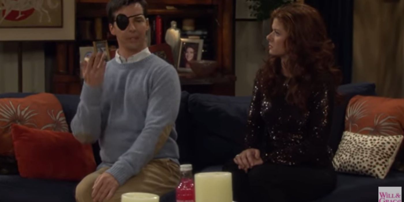 Jack and Grace talking while sitting next to each other in Will &amp; Grace