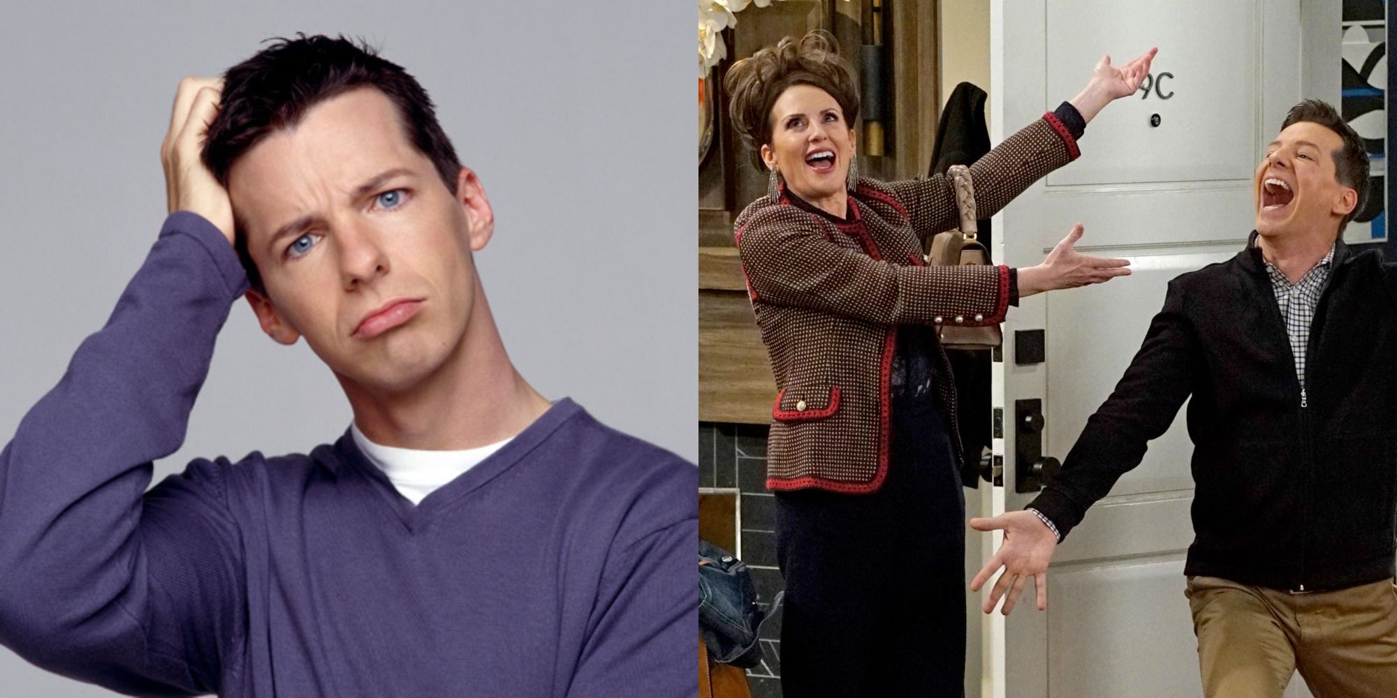 Split image showing Jack alone and with Karen in Will & Grace
