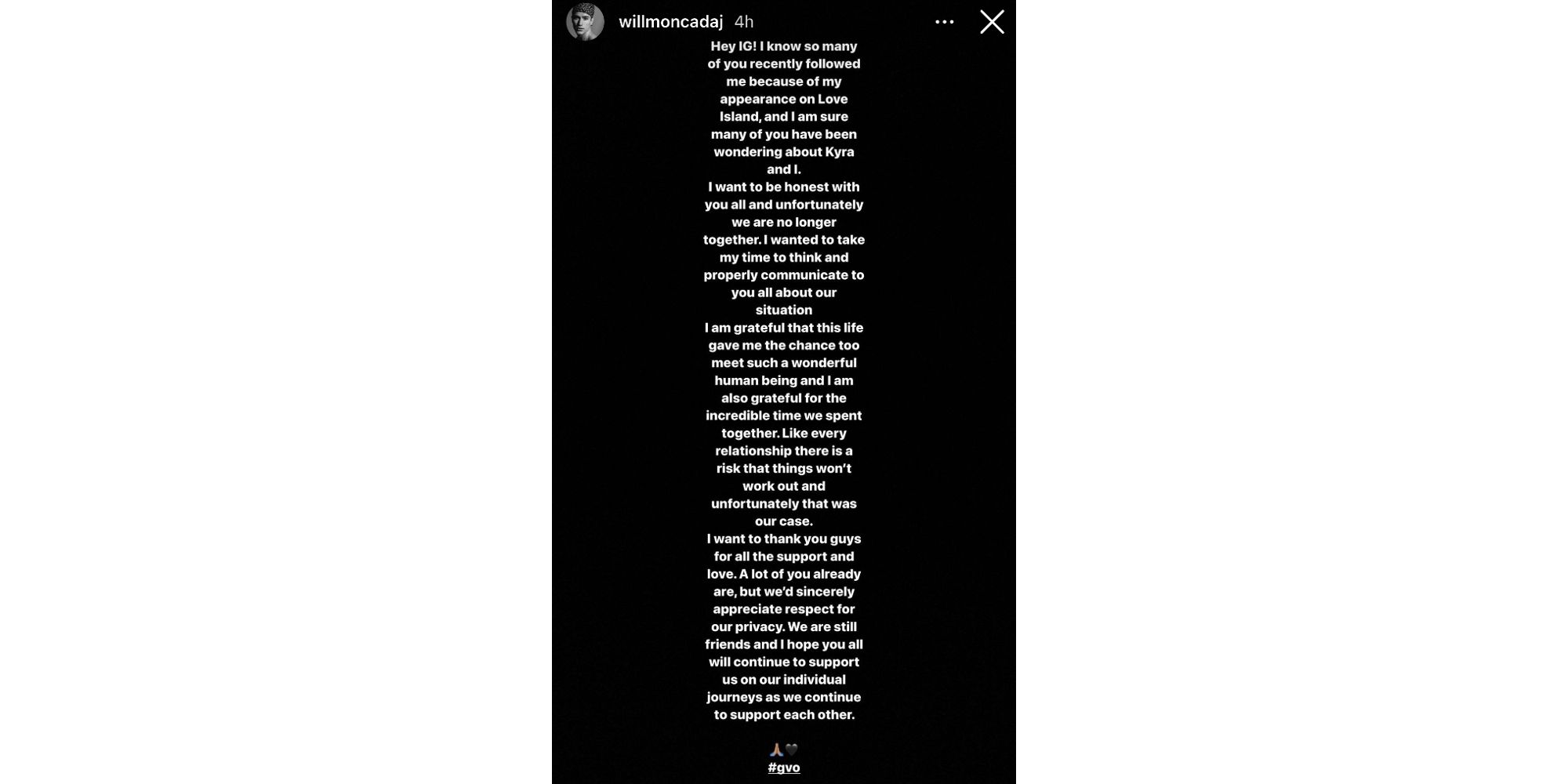 Will Moncada from Love Island USA season 3 via Instagram Story confirms breakup with Kyra Lizama