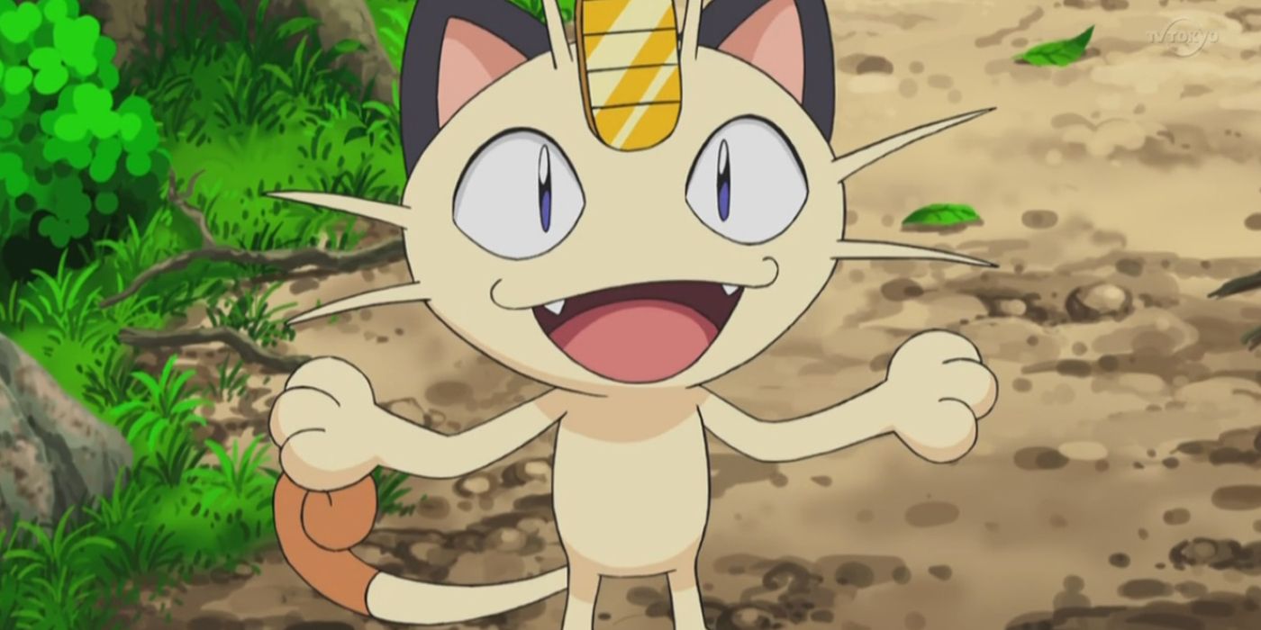 Meowth smiling and spreading his arms in the Pokémon anime.