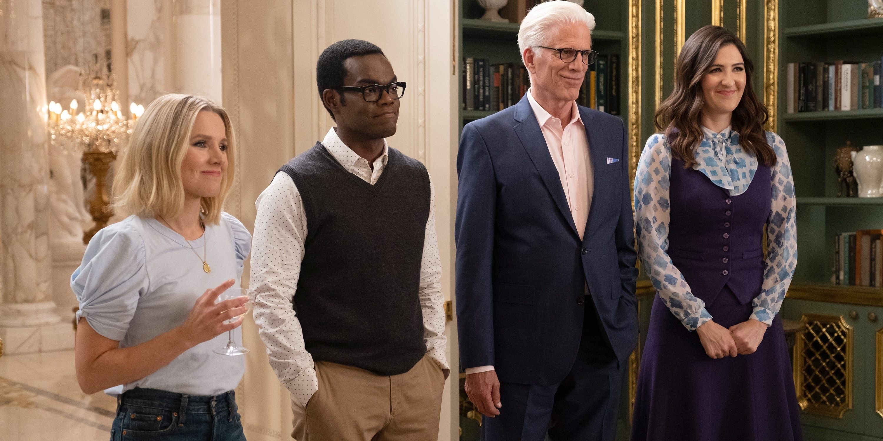 William Jackson Harper, Ted Danson, Kristen Bell, and D'Arcy Carden in The Good Place