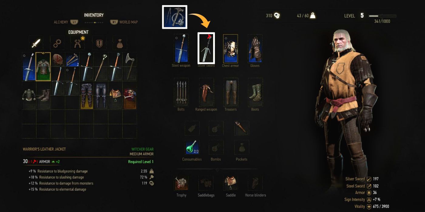 An image of the Inventory Screen in Witcher 3 with a white box around an item in need of repair, indicated by a red icon
