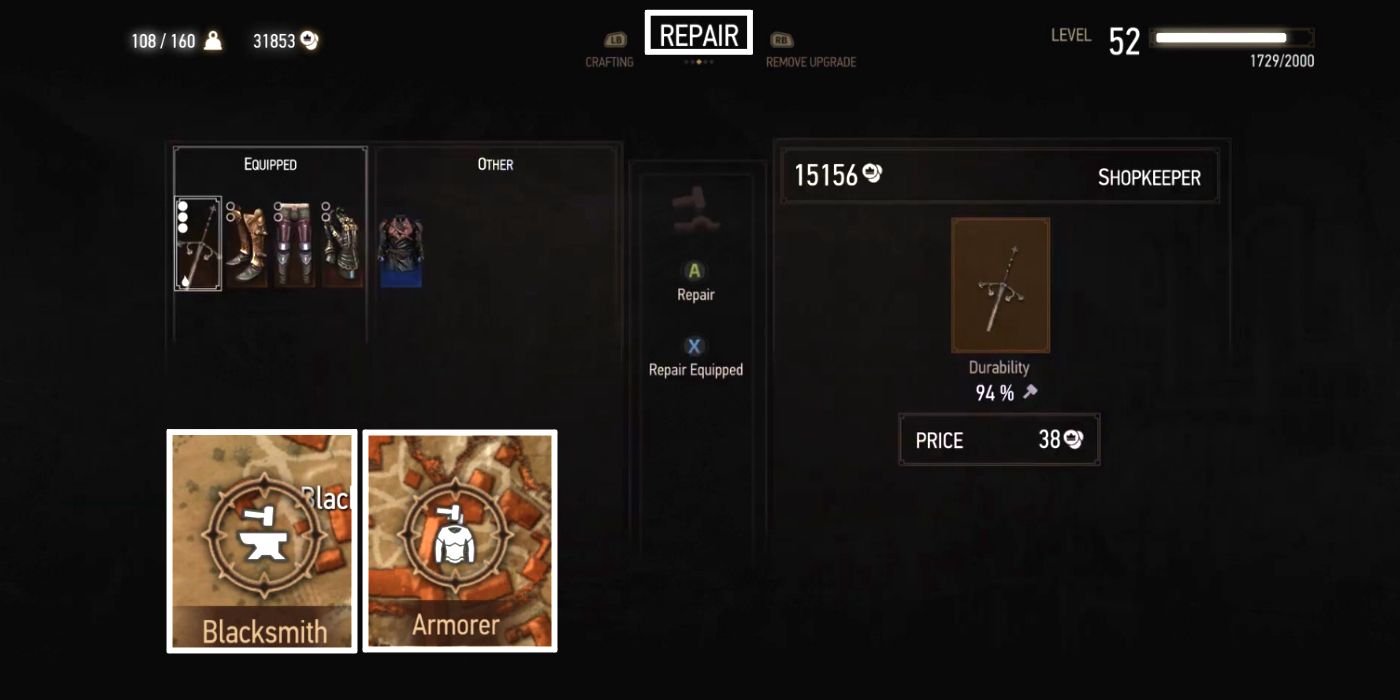 The menu screen for repairing weapons in Witcher 3 with map locations for the blacksmith and armorer superimposed on the bottom left corner