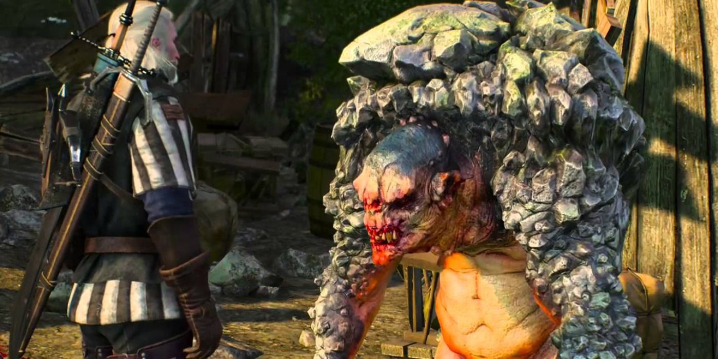 Geralt talking to a Rock Troll for a side quest in The Witcher 3.