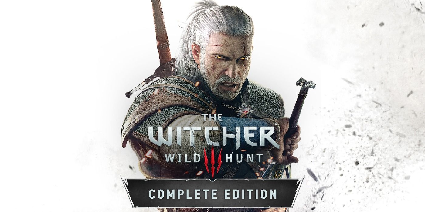 Geralt drawing his sword in promo art for The Witcher 3 on Switch