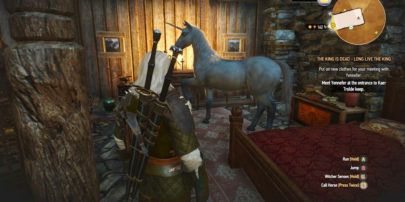 Geralt finding a stuffed unicorn in The Witcher 3