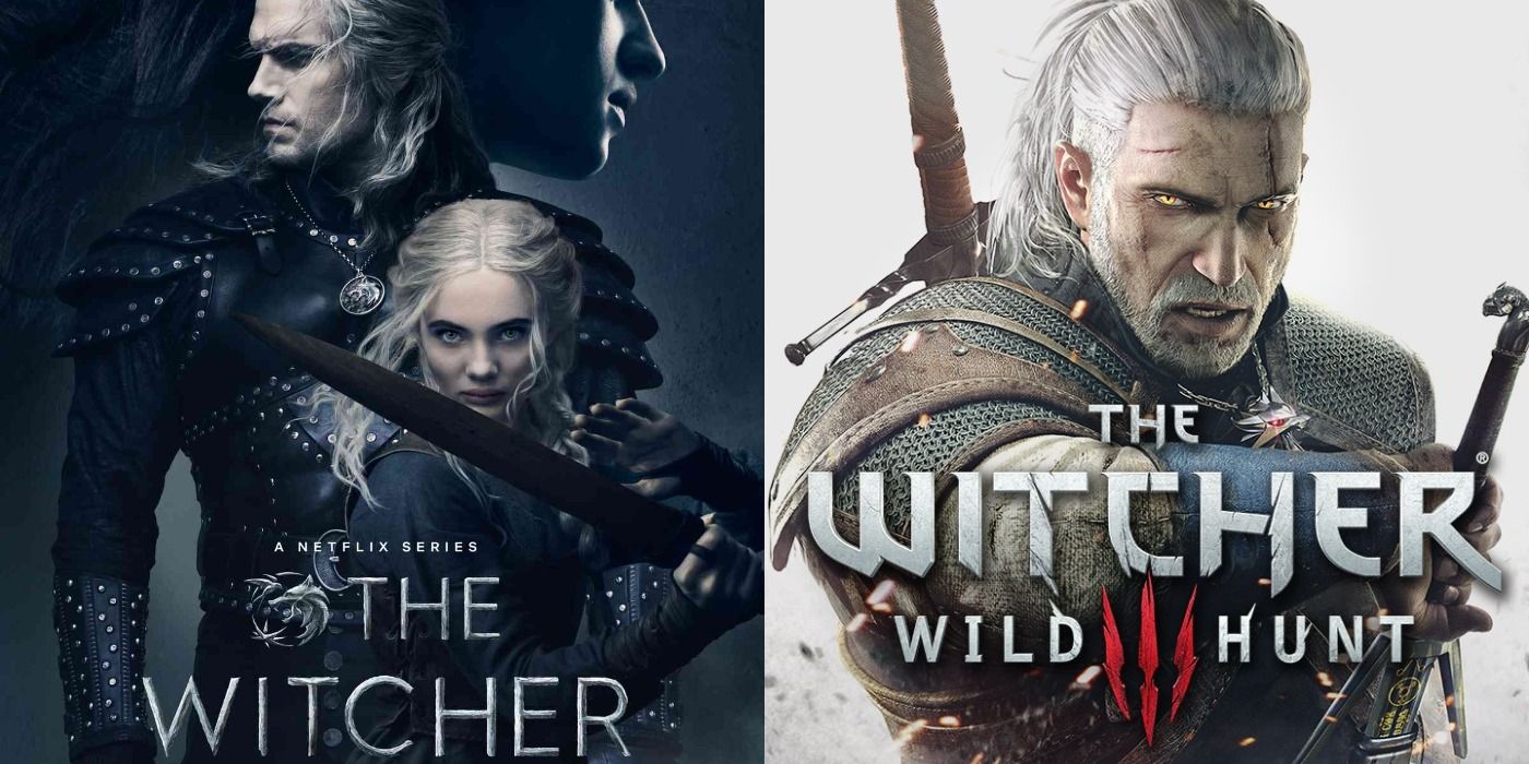 Split image of Geralt, Ciri, and Yennefer in The Witcher & Geralt in promo art for The Witcher 3