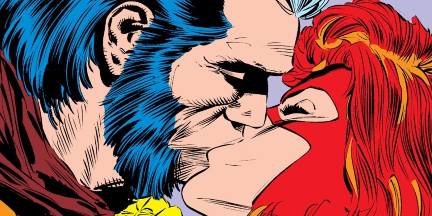 Wolverine and Jean Grey kiss in Marvel Comics.