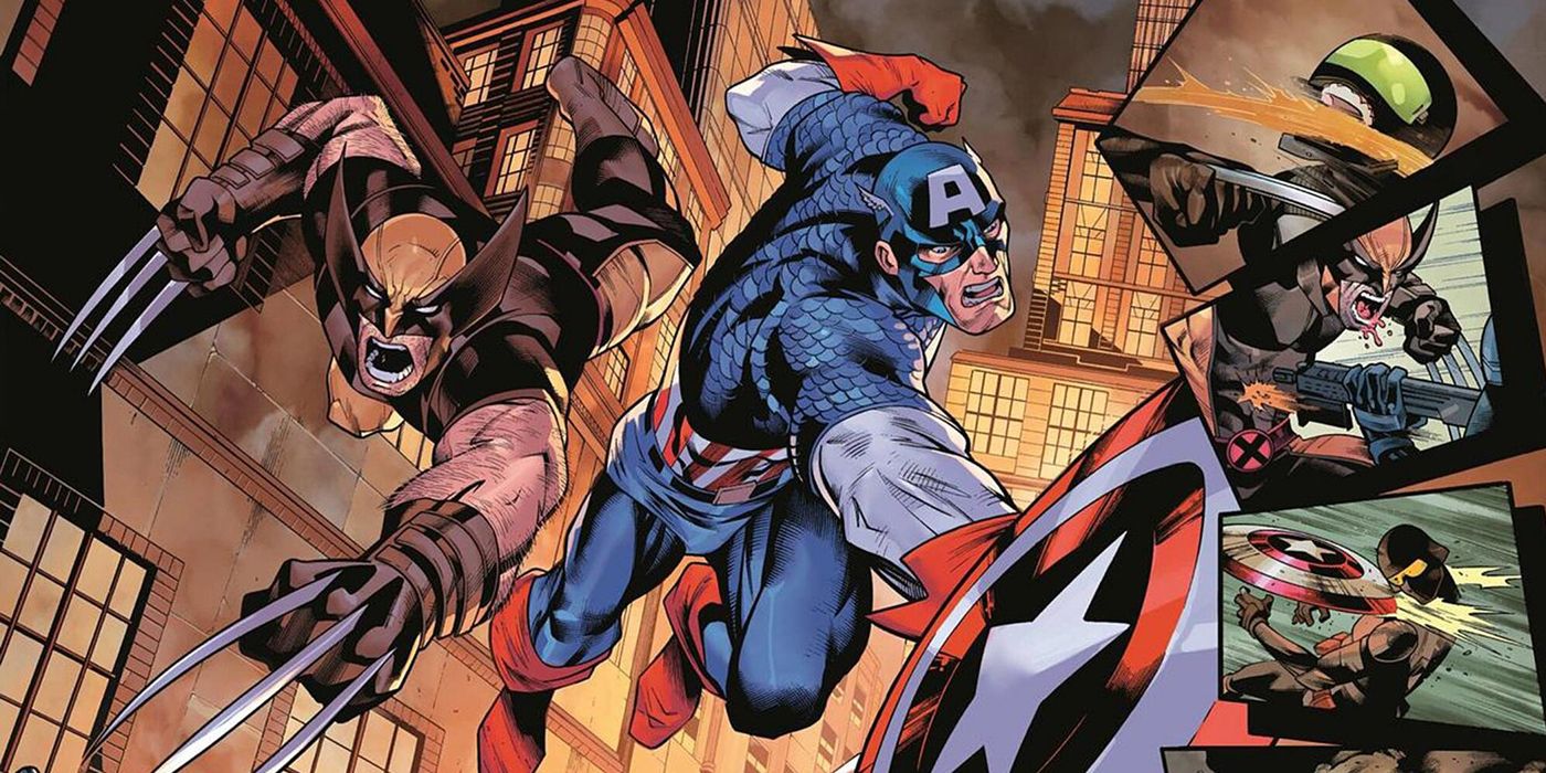 Wolverine lutando nos Vingadores com o Capitão América.