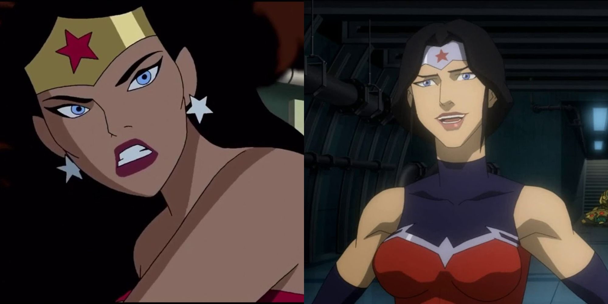 Split image showing Wonder Woman in JL Unlimited and JL War