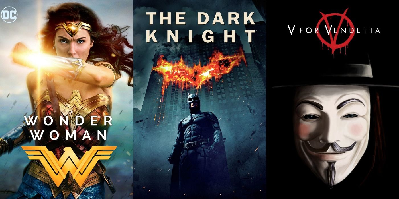 Split image of Wonder Woman, The Dark Knight, and V for Vendetta posters