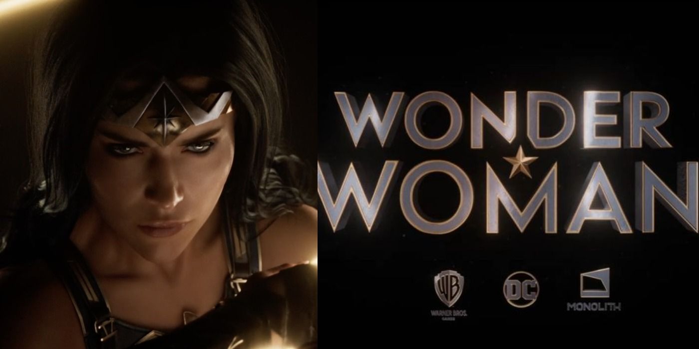 Split image of Wonder Woman holding her Lasso of Truth and the game logo