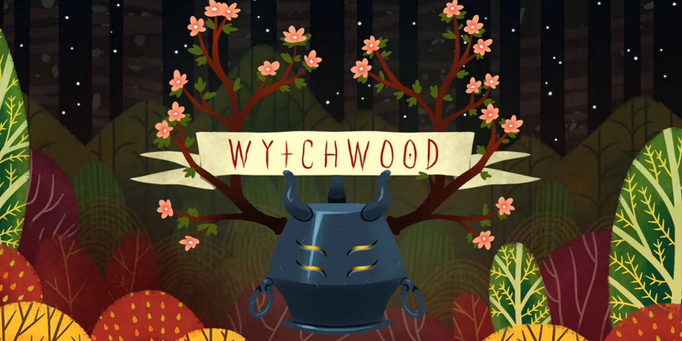 Art showing a helmet and a ribbon with the title of the game, Wytchwood.