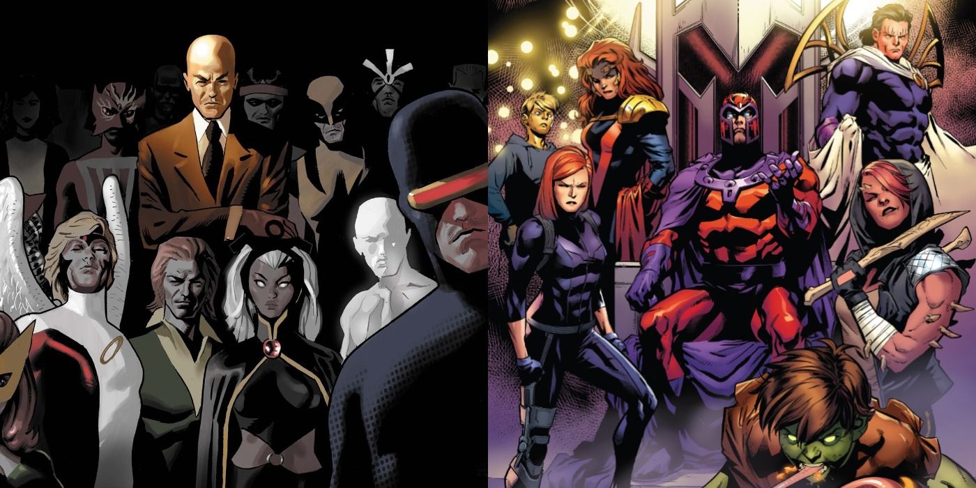 Split image of Charles with his X-Men and Magneto with his Brotherhood of Mutants