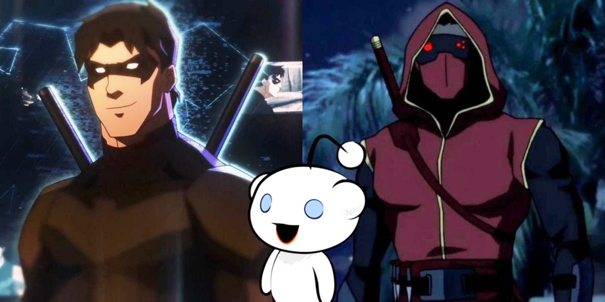 Split image showing Nightwing and Jason Todd in Young Justice and Snoo from Reddit