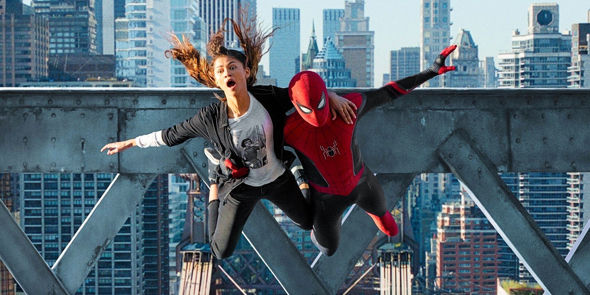 Zendaya and Tom Holland gliding in the air in Spider Man No Way Home