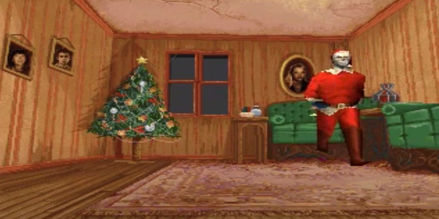 A screenshot of Edward Carnby wearing the Santa outfit in the game Alone in the Dark 2.