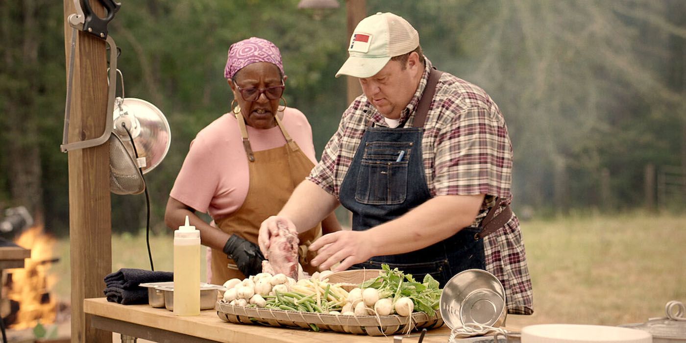 A man and woman putting together a dish from The American Barbecue Showdown.