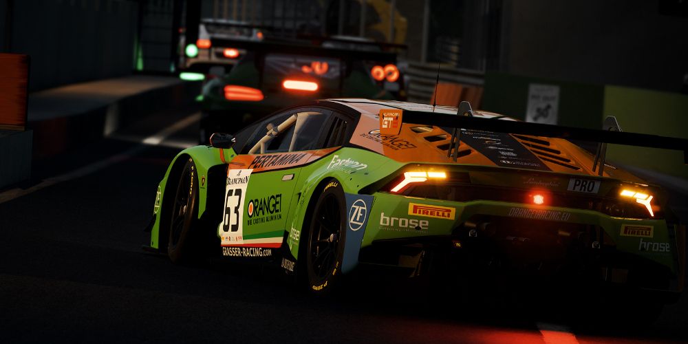 A green car drives through a tunnel at night in Assetto Corsa Competizione