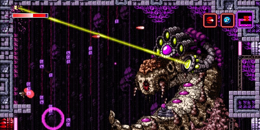 A monster fires a laser in Axiom Verge