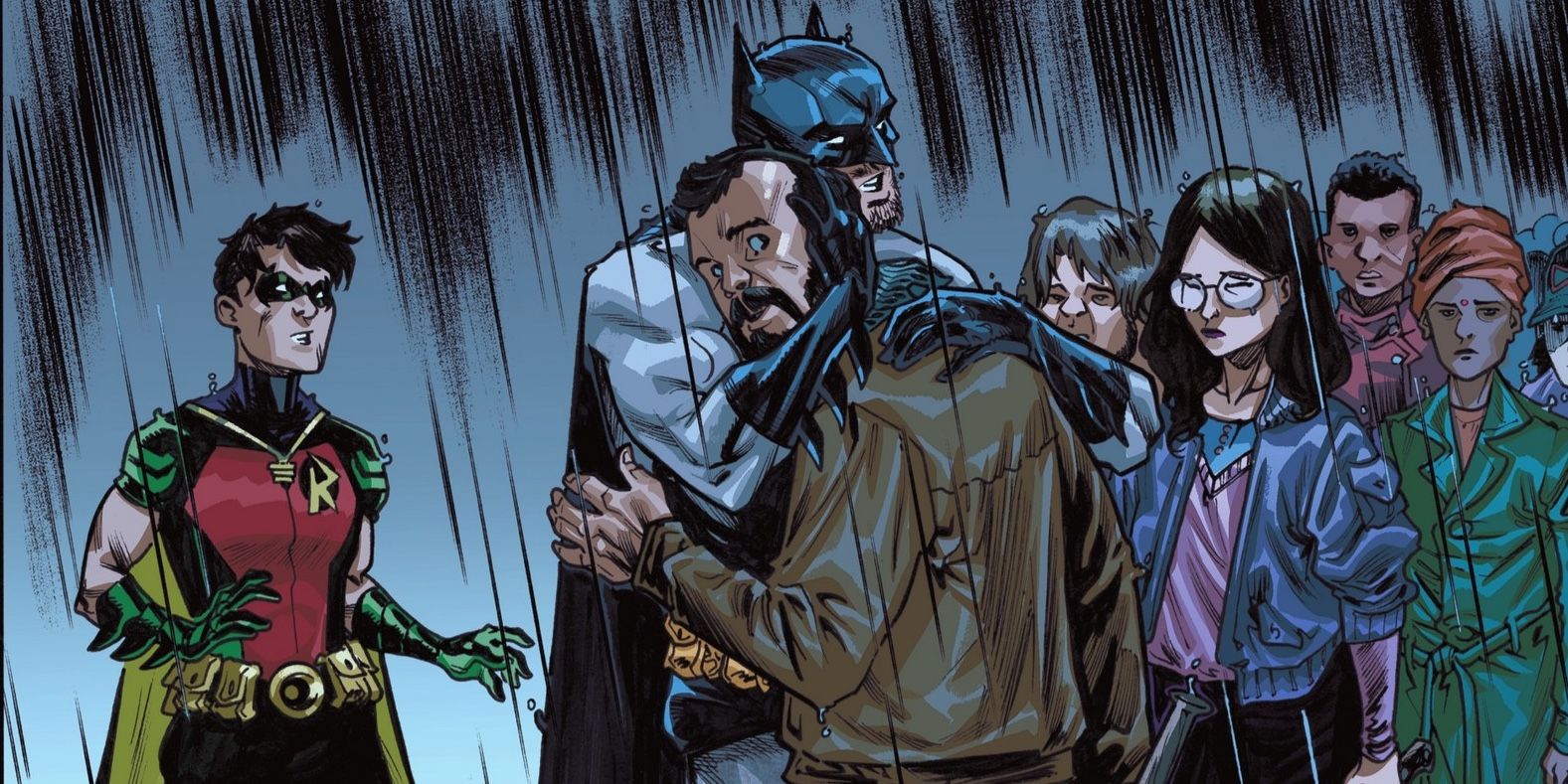 Batman gives angry Gothamites a hug