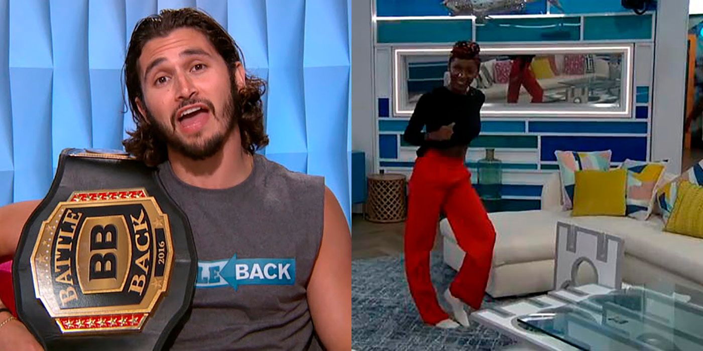 Split image of Victor with his Battle Back win belt and Azah dancing around the house on Big Brother.