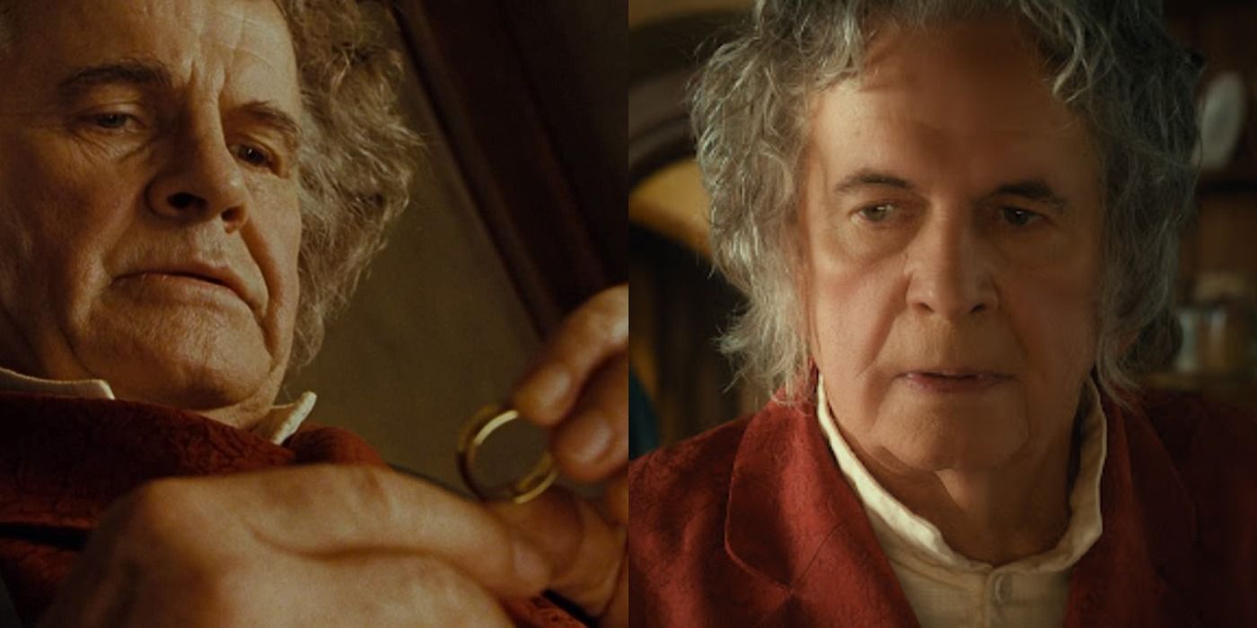Split image of Ian Holm as Bilbo Baggins in LOTR