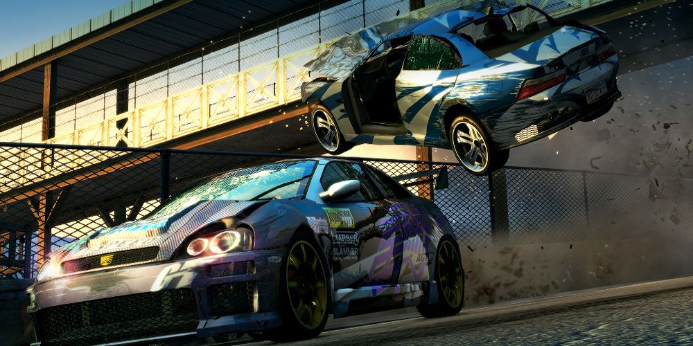 One car flies over another in Burnout Paradise Remastered