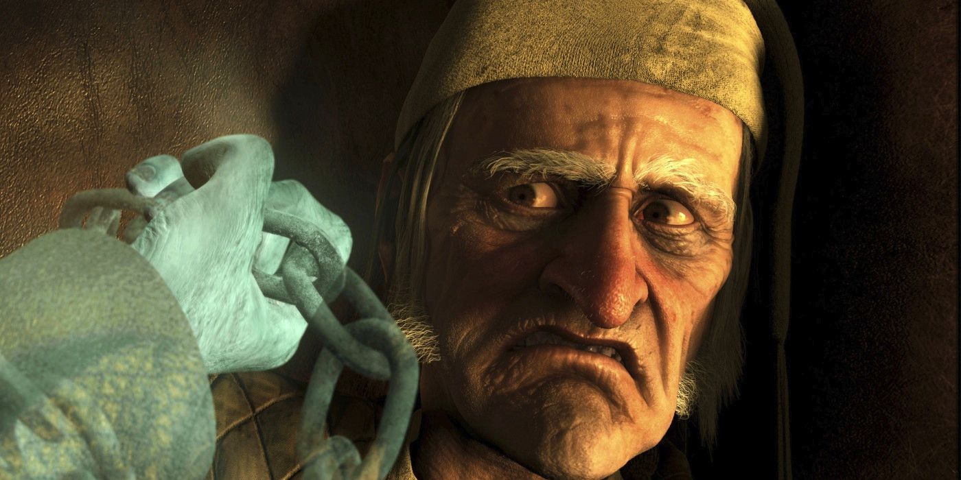 An image of Jim Carrey's Scrooge looking scared in Disney's A Christmas Carol