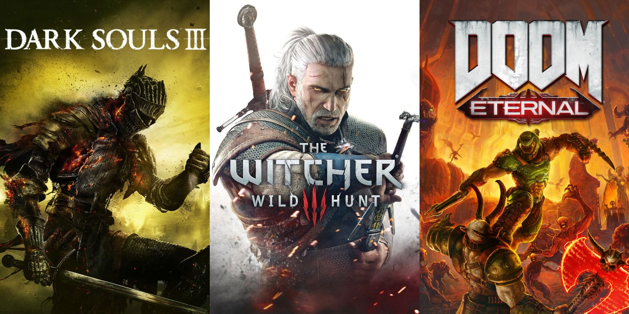 combined posters of Dark Souls 3, The Witcher 3 Wild Hunt, and DOOM Eternal
