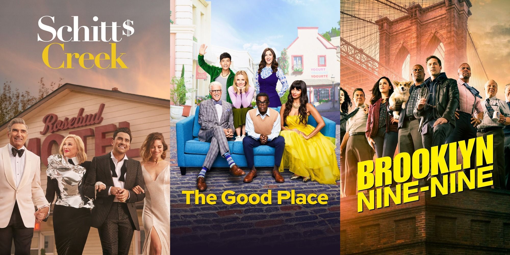 combined posters of Schitt's Creek, Brooklyn Nine-Nine, and The Good Place