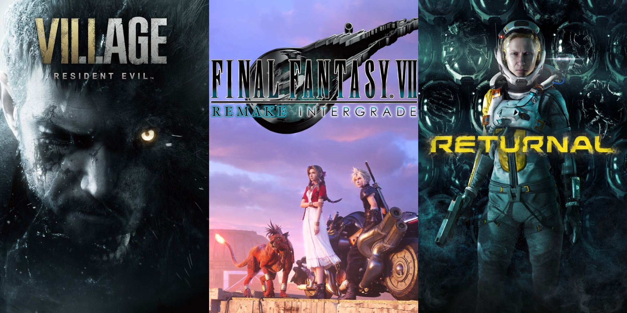 Posters of the games Resident Evil Village, Returnal, and Final Fantasy VII Remake