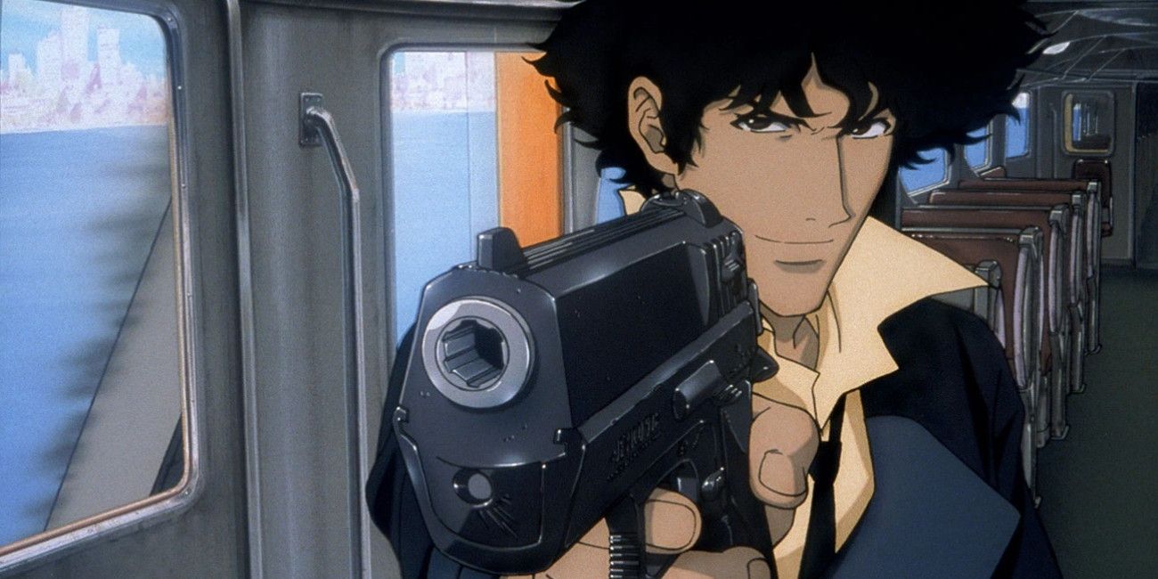 Spike points his gun at the camera in Cowboy Bebop: The Movie.