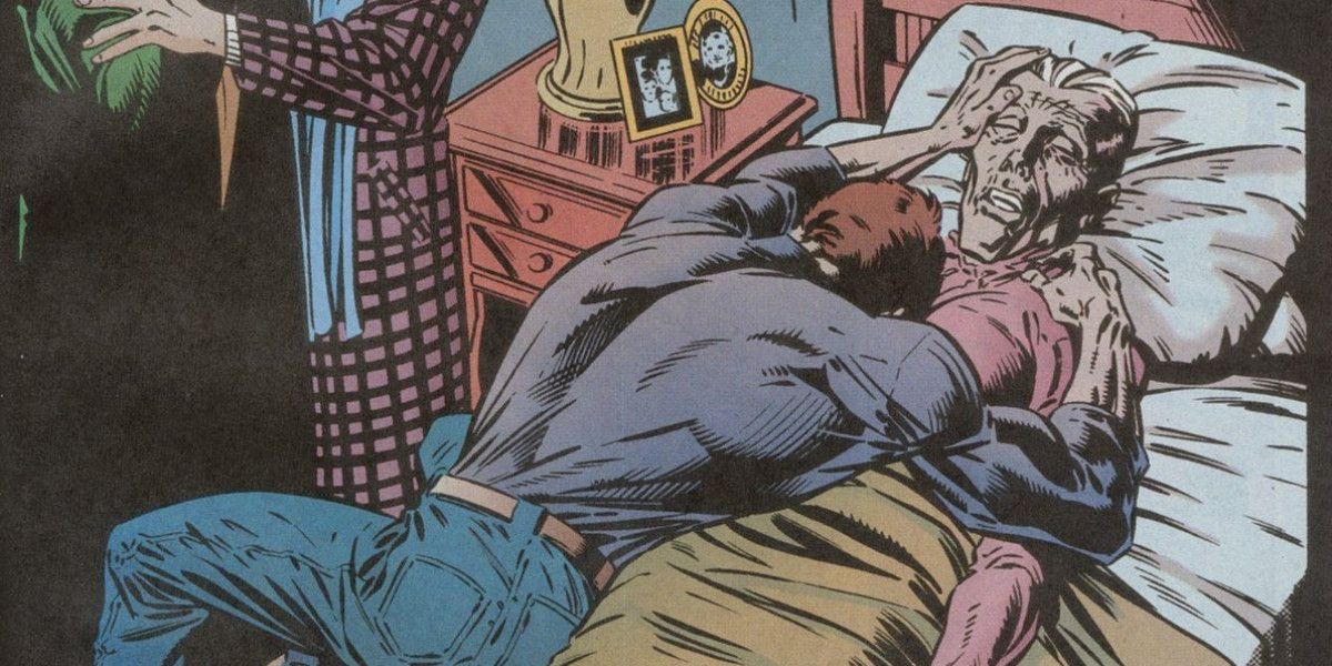 Aunt May in her death bed, Peter Parker crying over her in Marvel Comics.