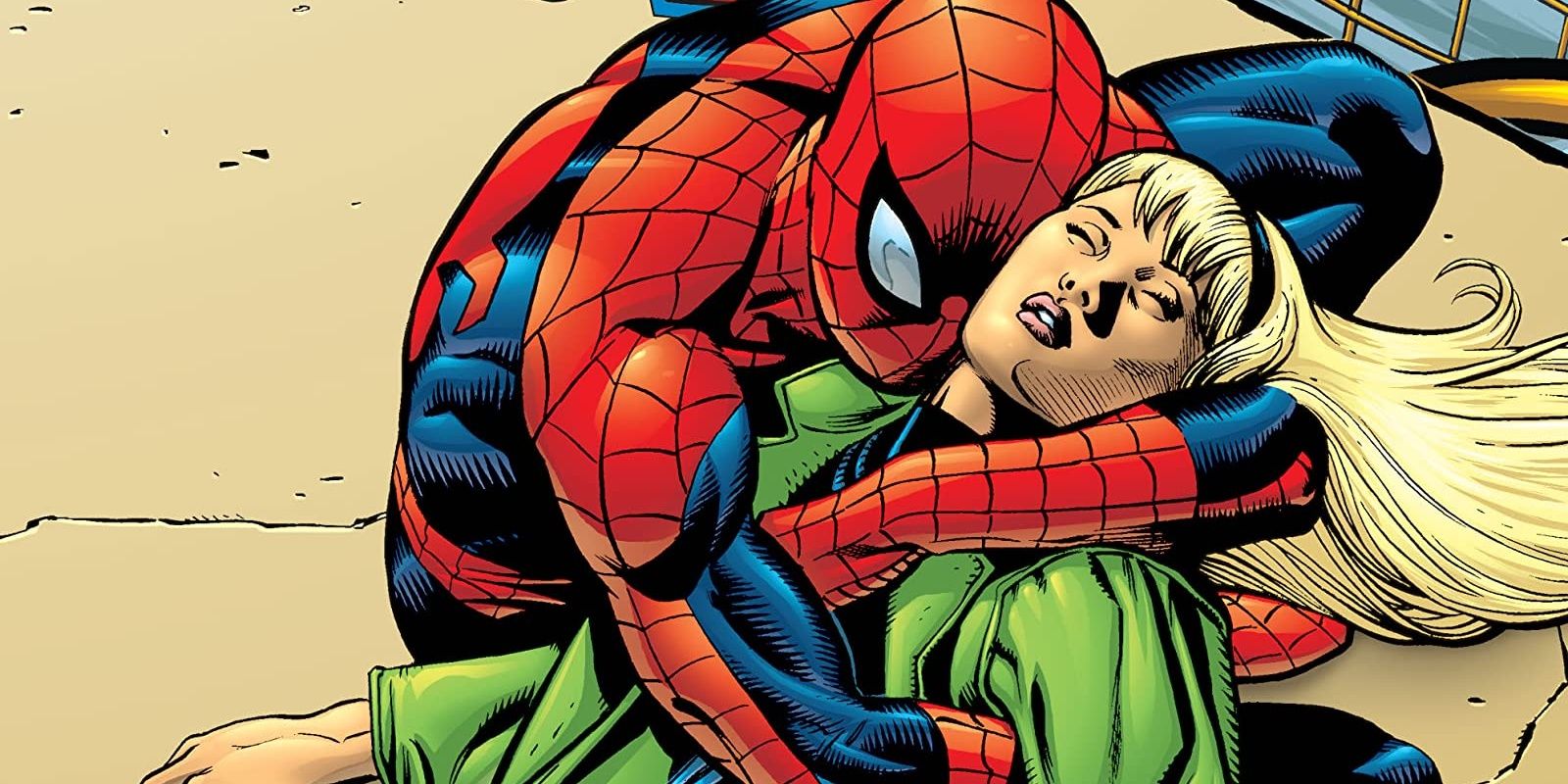 Gwen Stacy dead in Spider-Man&rsquo;s arms.