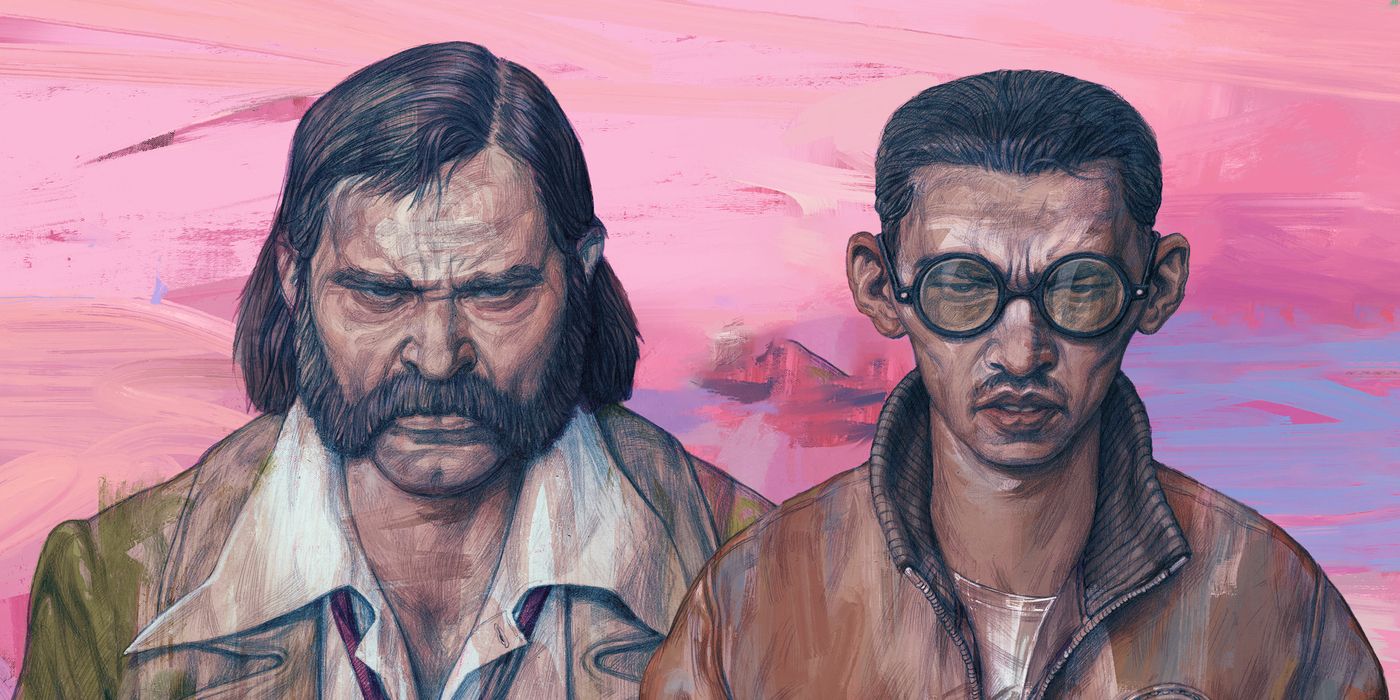 Two characters look on sternly from artwork from the game Disco Elysium 