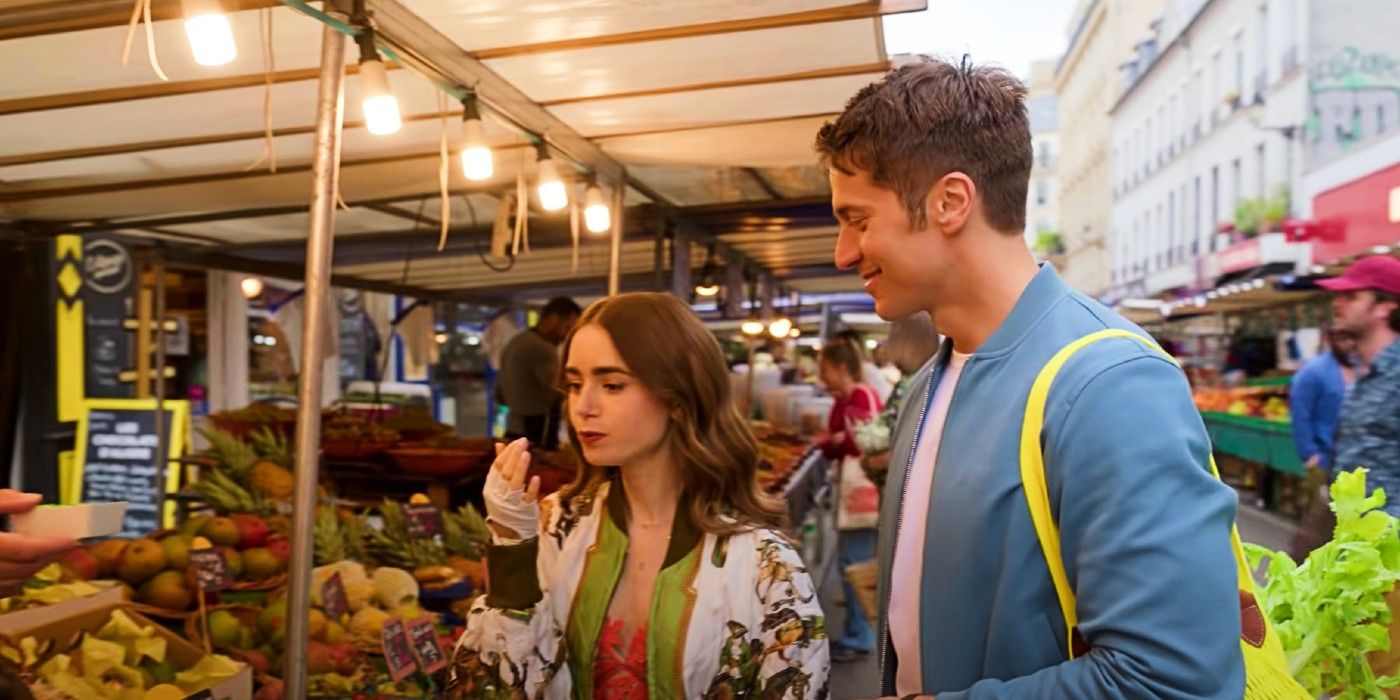 Emily and Gabriel in a market in Emily in Paris