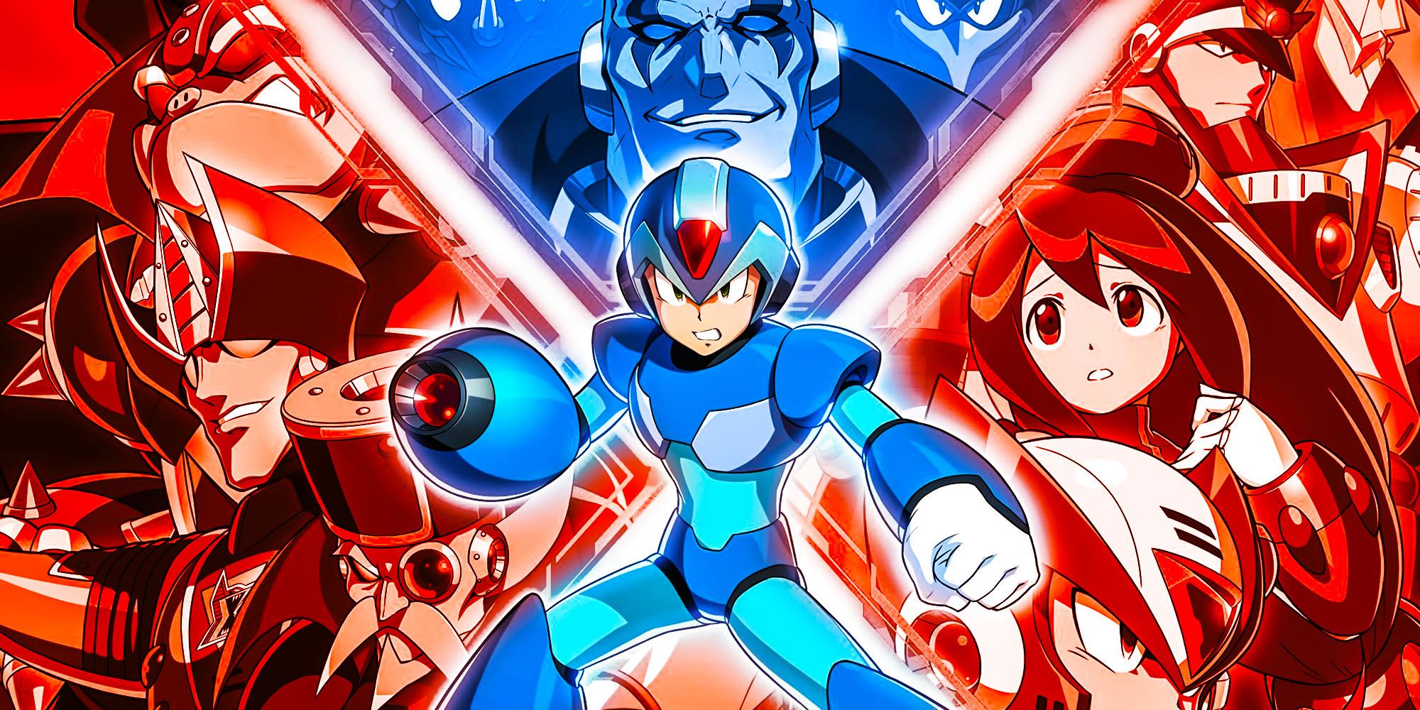 Mega Man standing in front of artwork for his games