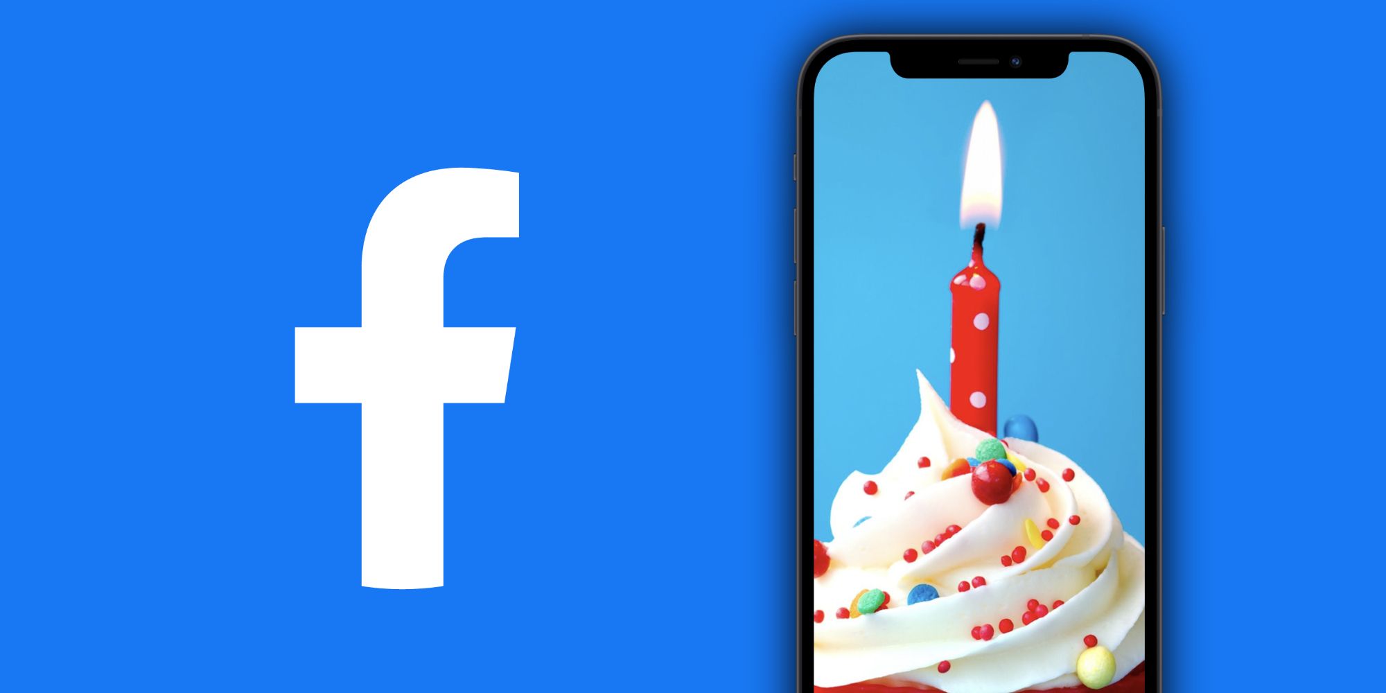 Facebook logo next to a phone showing image of a birthday cake