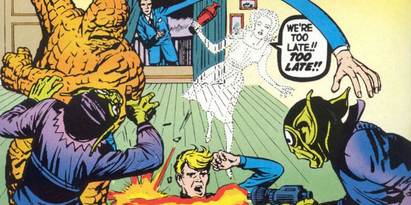 The Skrulls attack the Fantastic Four in a room in Marvel Comics.