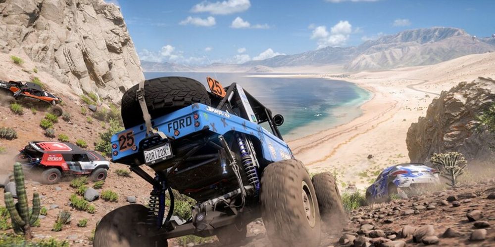 Offroad buggy drives on the beach in Forza Horizon 5