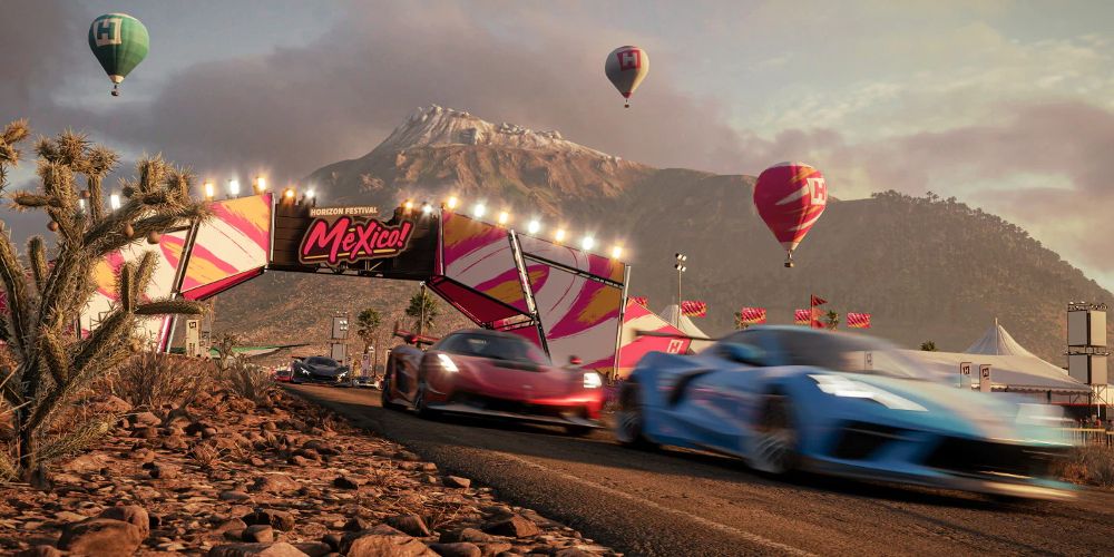 Cars speed through the Mexico festival in Forza Horizon 5