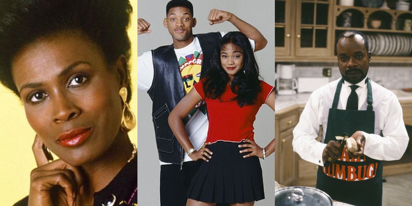 Split image of Geoffrey, Ashley, Will, and Aunt Viv in The Fresh Prince Of Bel-Air.