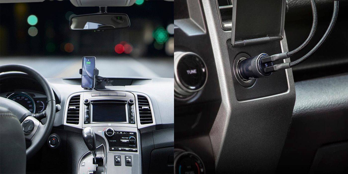 Split image of a phone mount in a car and a portable charging adapter in the 12V socket.