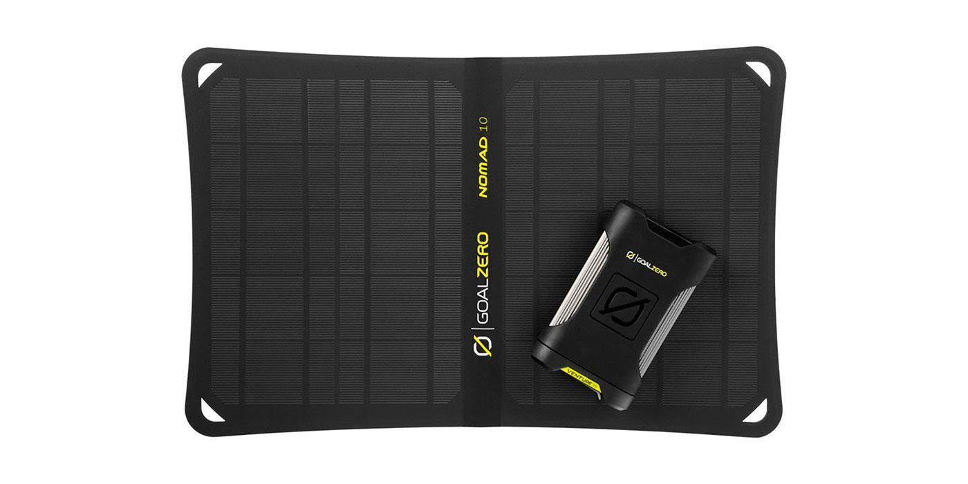 Goal Zero's Nomad 10 solar charger with the battery pack on top of it.