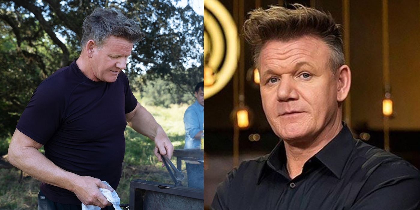Split image of Gordon Ramsay cooking on an outdoor grill and posing for the camera.